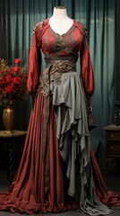 Illustration, dress on a mannequin in the style of the Middle Ages, photo for the store, background fitting room. Haute couture period dress, princess theater costume