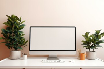 Creative office desk with empty monitor, plant, and other objects. Generative AI