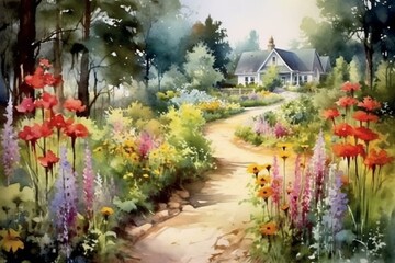 Fototapeta na wymiar A lovely watercolor painting of a garden with vibrant wildflowers blooming along a path. Generative AI