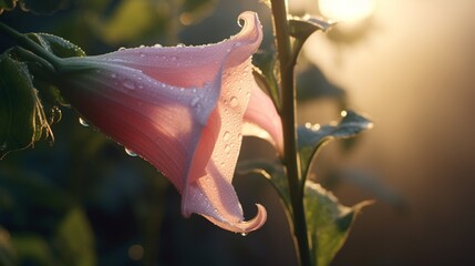 A dew-kissed Angel's Trumpet bloom, its delicate petals capturing the first light of dawn.