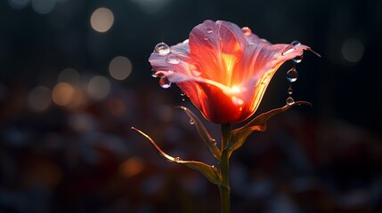 A dew-kissed Fire Opal Hibiscus bud about to unfurl its fiery petals, in high resolution 8K clarity.