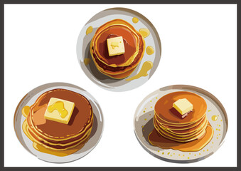 メイプルシロップのしたたる美味しそうなパンケーキ（ホットケーキ）