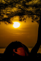 Silhouette of camping on the beach with views of trees, tents and also a beautiful golden sunrise.