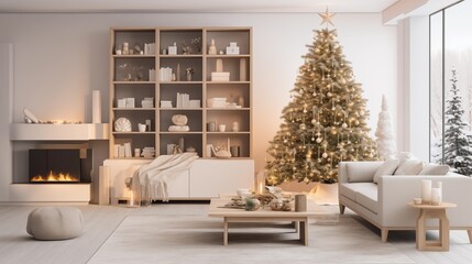 photograph of a modern living room with white and natural wood furniture in minimalist design decorated with a christmas tree and lights