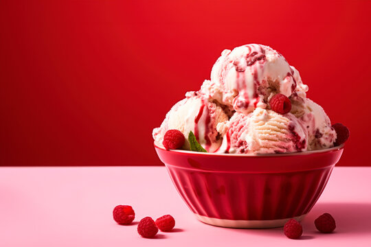 Raspberry Ripple Ice Cream Served in a Bowl with a Tangy Twist - A Refreshing and Indulgent Dessert to Savor