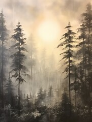 Obraz na płótnie Canvas A misty sunrise with tall evergreen trees. Generative AI. 