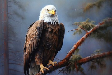 Fototapeta premium Bald eagle perched on a branch, captivating gaze, vibrant feathers. Generative AI