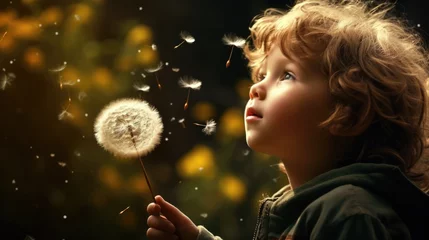 Fotobehang Little girl making a wish while blowing dandelion seeds. generative ai © ThisDesign