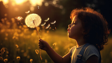 Little girl making a wish while blowing dandelion seeds. generative ai