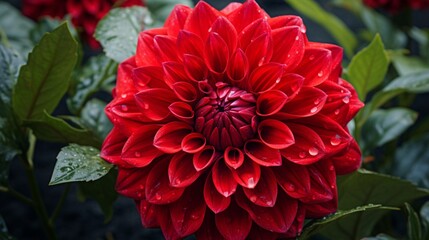 A Diamond Dahlia in full ultra HD 8K resolution, with its vibrant red petals contrasted against...