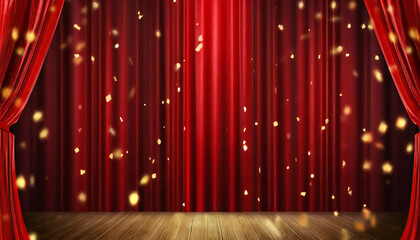 紙吹雪が舞う赤いカーテンのあるステージ。ドレープカーテン素材。紙吹雪。
A stage with a red curtain with falling confetti. Drape curtain material. Confetti. - obrazy, fototapety, plakaty