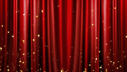 紙吹雪が舞う赤いカーテンのあるステージ。ドレープカーテン素材。紙吹雪。
A stage with a red curtain with falling confetti. Drape curtain material. Confetti.