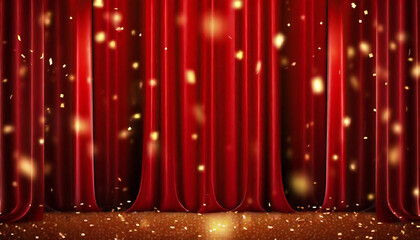 紙吹雪が舞う赤いカーテンのあるステージ。ドレープカーテン素材。紙吹雪。
A stage with a red curtain with falling confetti. Drape curtain material. Confetti.