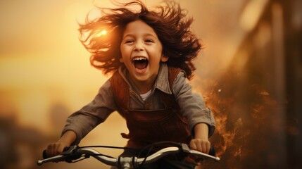 Fototapeta na wymiar child riding a bicycle with excitement generative ai