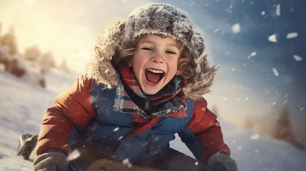 Fotobehang child sledding down a snowy hill generative ai © ThisDesign