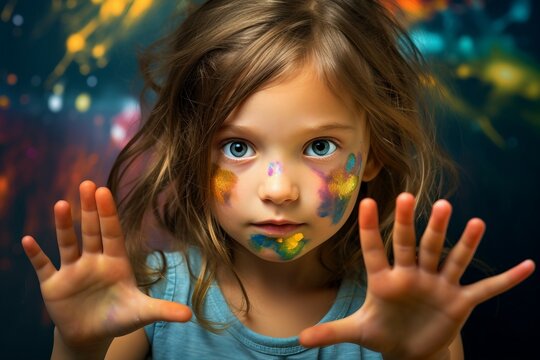 portrait colors girl little children paint colours painting art hand activity artist artistic caucasian cheerful childhood colourful creativity cute dirty drawing education elementary face