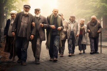 outdoor walking people old group   70s aged buddy cane cheerful couple elderly enjoy enjoying friends friendship fun gathering glad grandfather green group happiness happy health health - obrazy, fototapety, plakaty