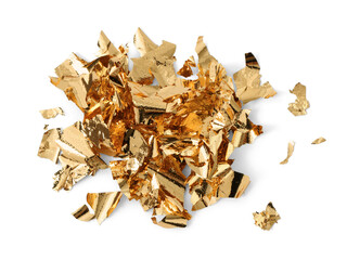 Many pieces of edible gold leaf isolated on white, top view