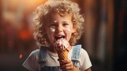 little boy eating ice cream with a big smile. generative ai