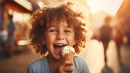 Foto op Aluminium little boy eating ice cream with a big smile. generative ai © ThisDesign