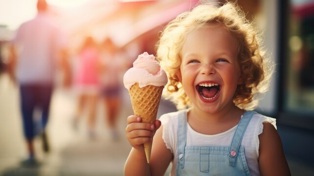 little boy eating ice cream with a big smile. generative ai