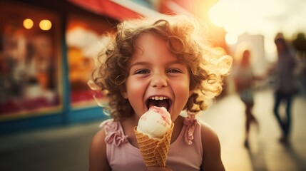 little boy eating ice cream with a big smile. generative ai