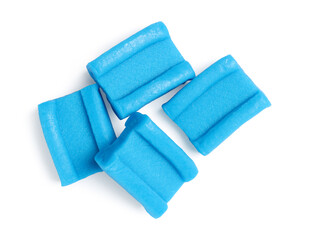 Tasty blue bubble gums isolated on white, top view