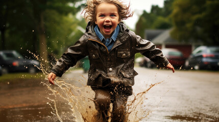 child jumping in puddles during a storm. generative ai