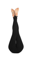 Woman wearing stylish black jeans on white background, closeup