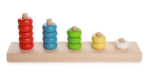 Stacking and counting game wooden pieces isolated on white. Educational toy for motor skills development