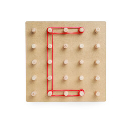 Wooden geoboard with letter C made of rubber bands isolated on white. Educational toy for motor...