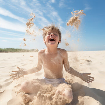 child making a sand angel on the beach, expressing pure happiness generative ai