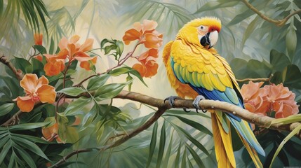 yellow and blue parrot in forest sitting on the branch if tree