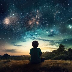 child watching a fireworks show, in amazement. generative ai
