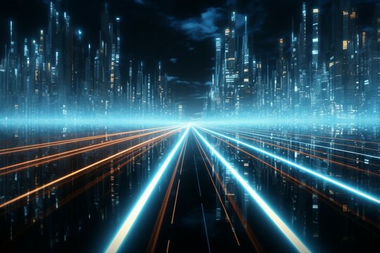 Speed High Reality Virtual Loop Hyper Intelligence Artificial Learning Machine Data Big Concept City Towers Binary Gital Path Highway Abstract Rendering 3D Acceleration Actionbackground Blue Blur