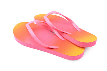 Stylish pink flip flops isolated on white