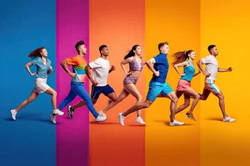 Foto op Canvas background fferent colorful bright isolated life active progress striving front looking overalls shirt t striped people sporty running collage portrait photo view size body length full action © akkash jpg