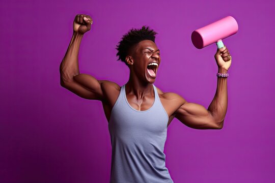 home training fitness background purple isolated vest casual pink wears broadly smiles mat fitness rolled holds biceps shows dumbbell hand raises woman skinned dark happy funny   active afro
