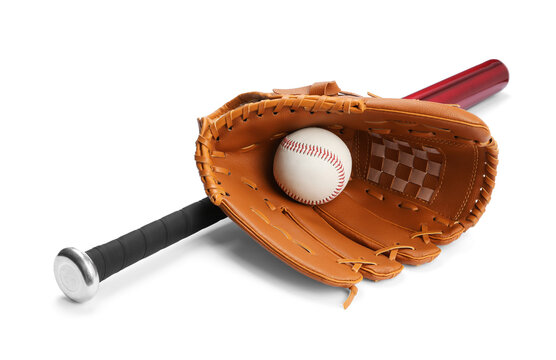 Baseball bat, ball and glove isolated on white