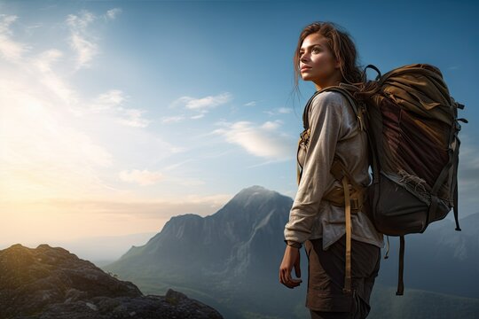 Hiker activity adventure backpack cross country extreme freedom high hike hiking hill horizon journey leisure mountain park peak sport sitting top holiday maker travel trekking view young woman fema