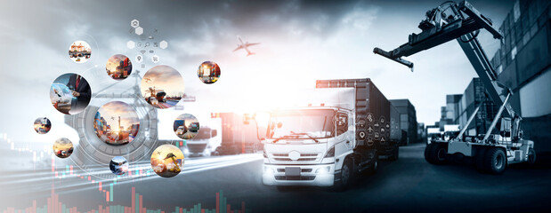 Distribution of logistics networks on industrial freight planes for fast delivery or online ordering. The concept of modern life, business, city life and internet of things