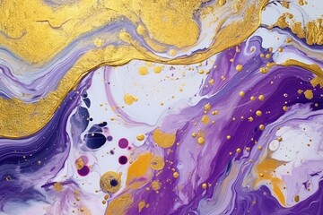 Modern marbled banner with vibrant purple and yellow swirls, accented by shimmering gold powder. Generative AI