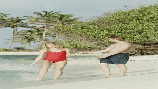 Slow motion of happy romantic couple holding hands and walking on beach  - vertical video / Petit Tabac, Tobago Cays, St. Vincent and the Grenadines