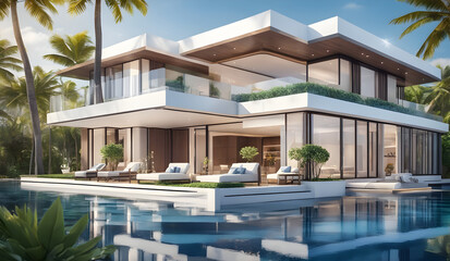 Fototapeta premium Modern luxury mansion with swimming pool, built by the sea, modern real estate, Buildings and Architecture concept, generative ai 