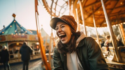 person expressing joy in an amusement park generative ai
