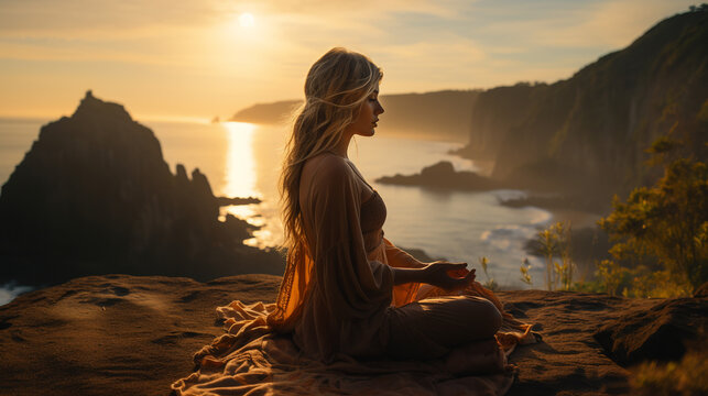 blond woman sitting in yoga pose, view from the back, calm background with beach, sea, waves and mysterious morning sunlight - Generative AI