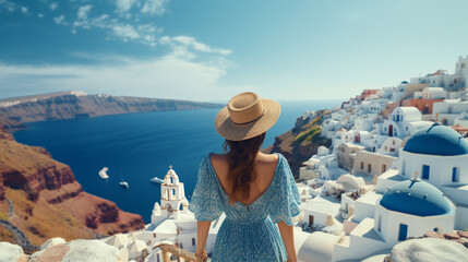 a woman in Santorini, looking over from the top view of Oia below the famous three dome blue church - Generative AI - obrazy, fototapety, plakaty