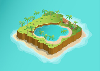 Obraz premium isometric tropical island with beautiful lake