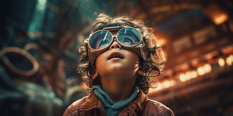 a child looking up with a sense of nostalgia, futuristic retro, generative AI