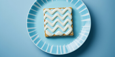 A slice of bread on a blue plate.
Bread adorned with zigzag patterns of syrup.
A view from above. - Generative AI